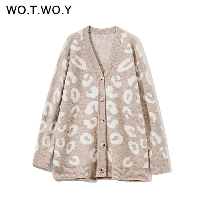 WOTWOY Autumn Winter V-Neck Knitted Cardigans Women Single Breasted Printed Loose Sweaters Female Casual Cardigans Soft Knitwear 210917