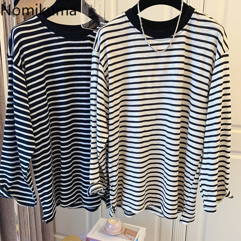 Nomikuma Korean Causal Stripe Long Sleeve T Shirts Spring Summer New Women Tops Tee Women Loose Pullover Graphic Tee 6G438 210427