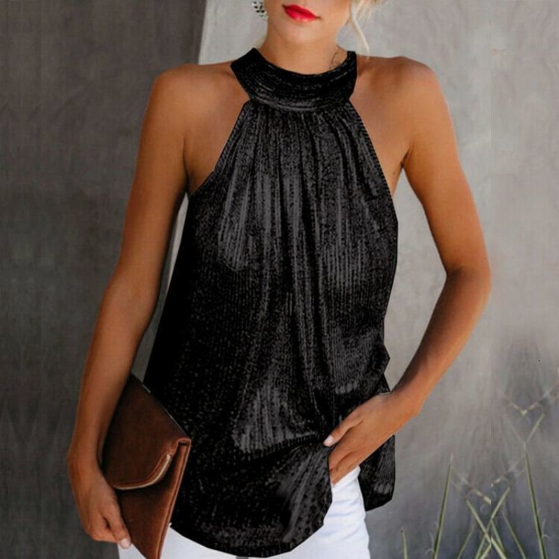 Women Gold Blouse New Fashion High Neck Sleeveless Hatler Tank Top Vest Summer Casual Loose Blouse Shirt Tee 210419