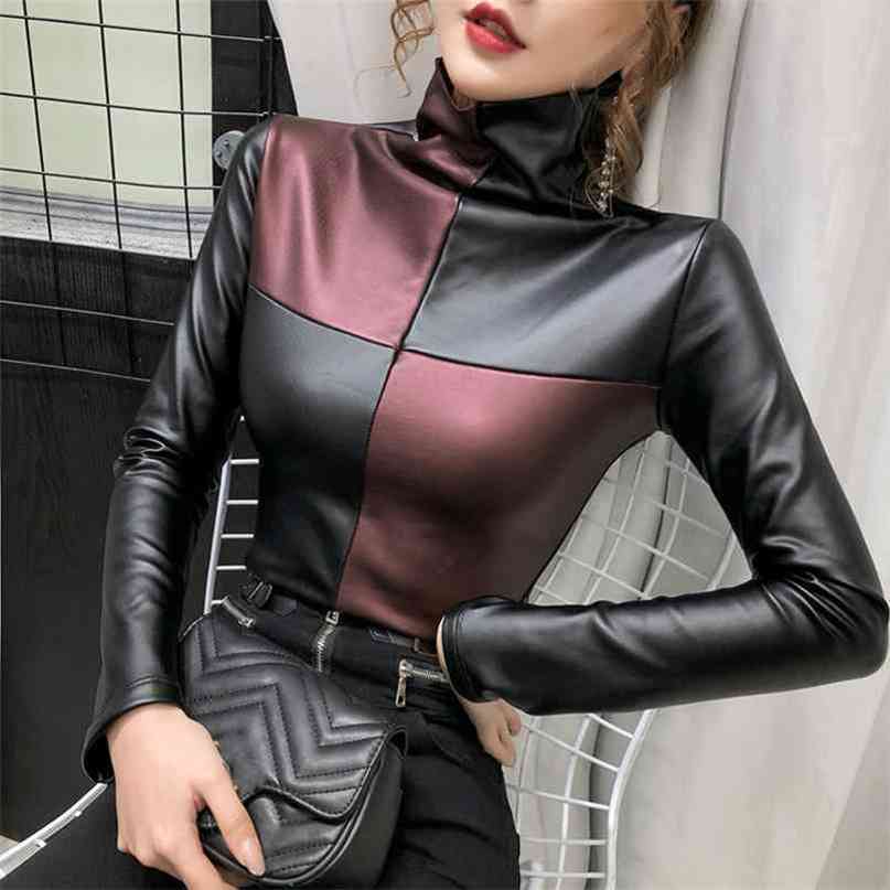 Winter Long Sleeve Turtleneck PU Leather T-shirts Women Plus Fleece Warm PU Leather Pullovers Women Warm PU Leather Tops 210819