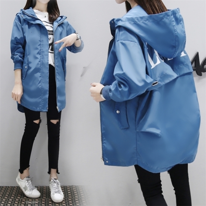 Korea Casual Trench Coat New Fashion Women Long Sleeved Hooded Letter Printed Medium Long Loose Windbreaker Autumn Coats 201211