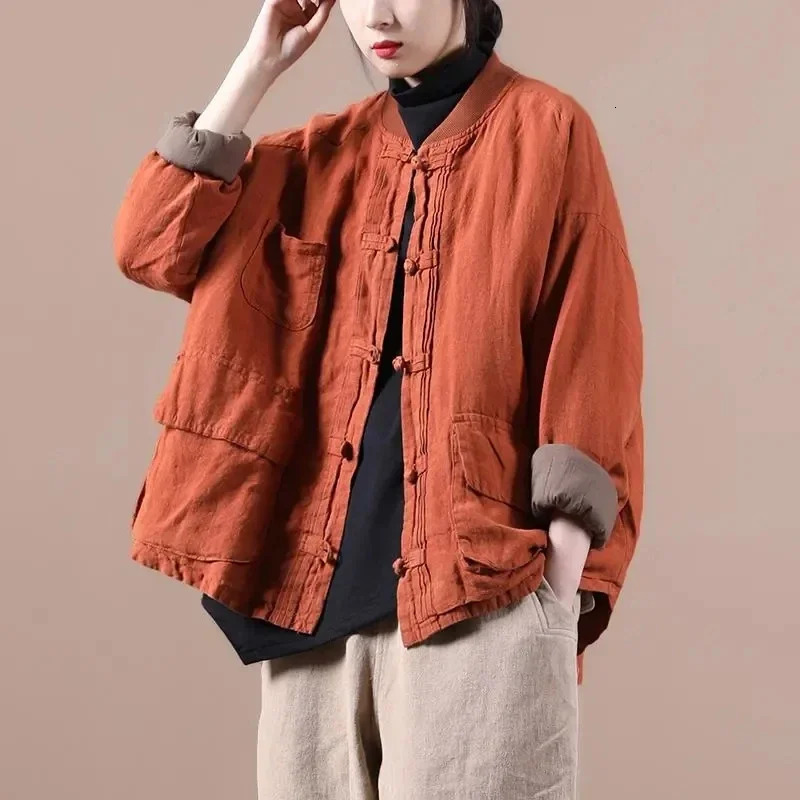 Women Vintage Jackets Solid Color Cotton Linen Coats Stand Button Patchwork Pockets Spring Loose Female 250905