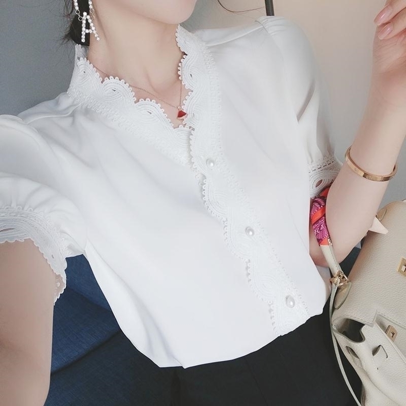 Women's Spring Summer Style Chiffon Blouses Shirt Women's Solid Color Button V-neck Short Sleeve Korean Elegant Lace Tops DD8636 210317