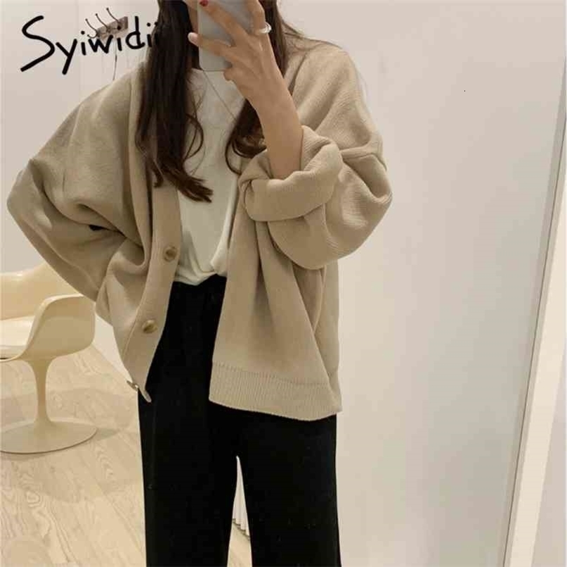 Syiwidii Oversized Knitted Cardigans Women Harajuku Brown Sweater Autumn Winter Korean Tops Casual Vintage Black Warm Coat 210917