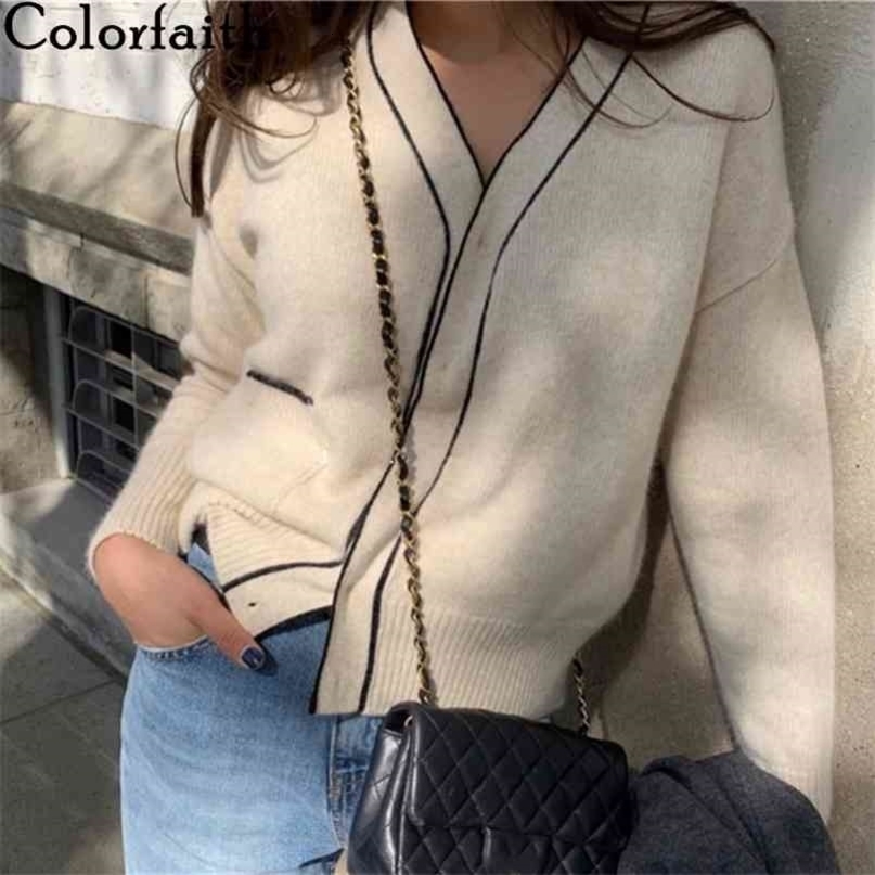 Colorfaith Winter Spring Women's Sweaters Loose Fashionable Knitwear Korean Knitted Ladies Covered Button Cardigans SWC7752 210917