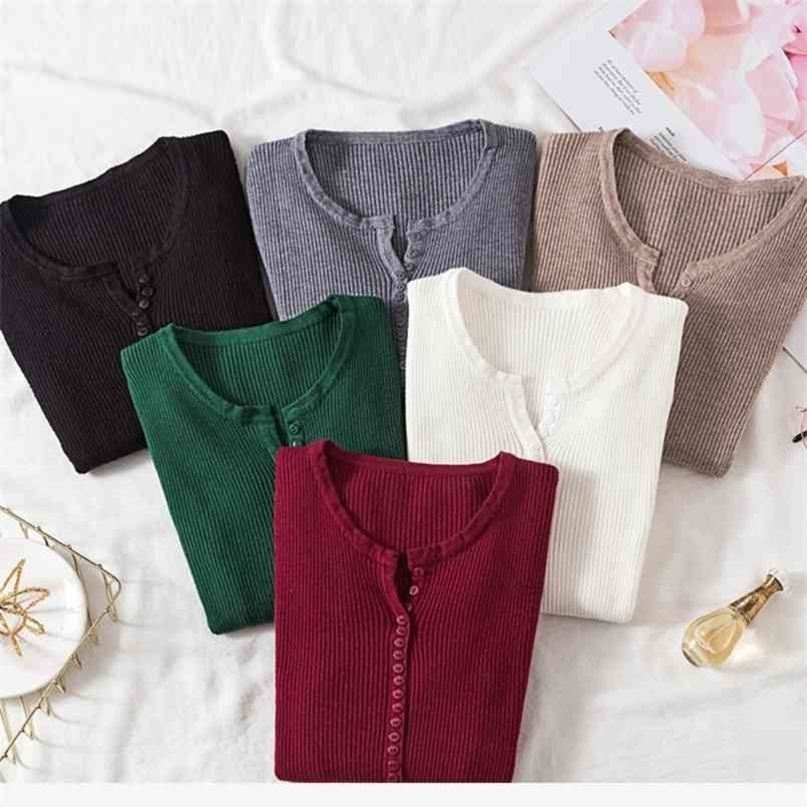 AOSSVIAO Autumn Winter Button V Neck Sweater Women Basic Slim Pullover Women Sweaters And Pullovers Knit Jumper Ladies Tops 210917