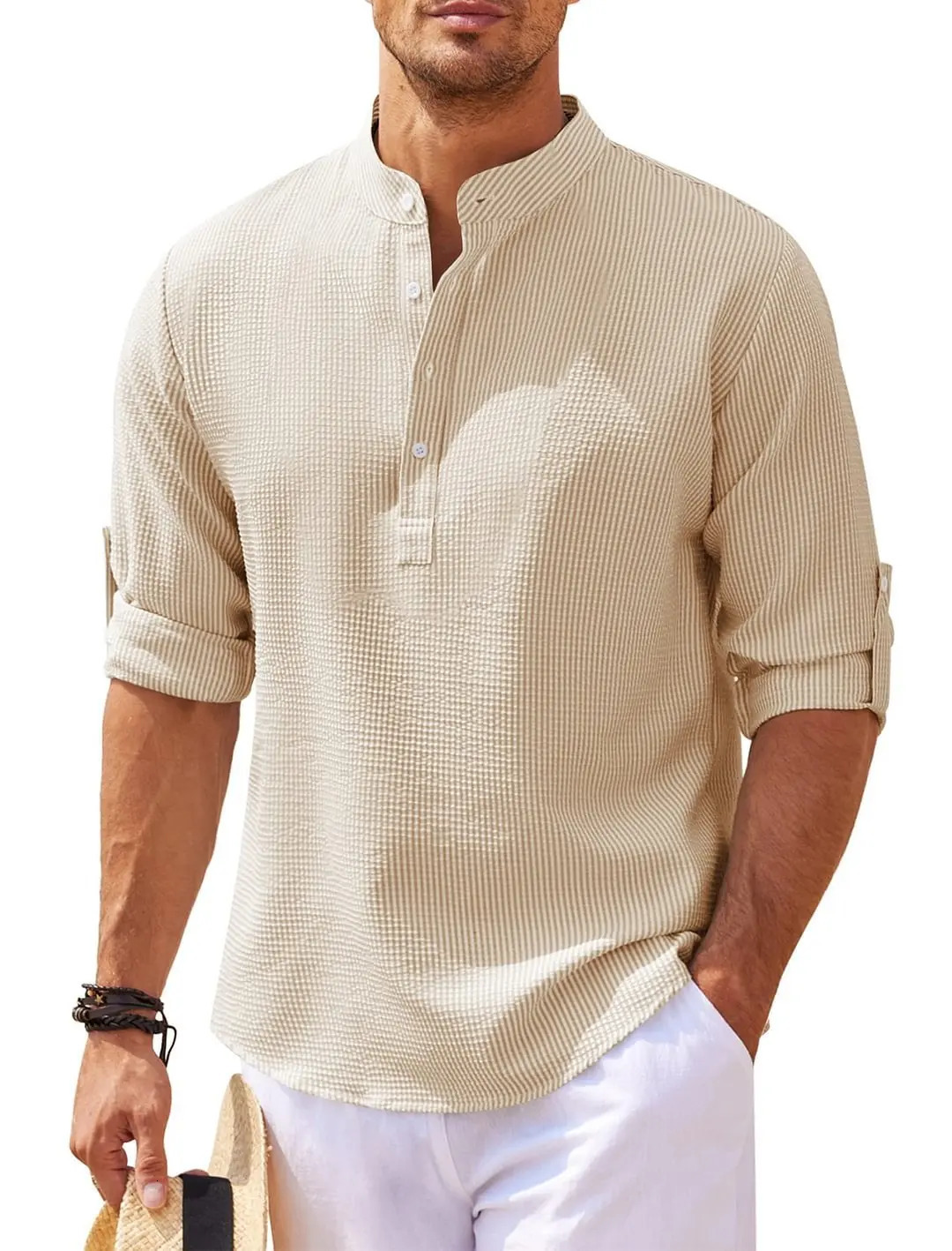 Cotton Linen Mens LongSleeved Shirts Spring Autumn Solid Color StandUp Collar Casual Beach Style Plus Size S5XL 250731Y