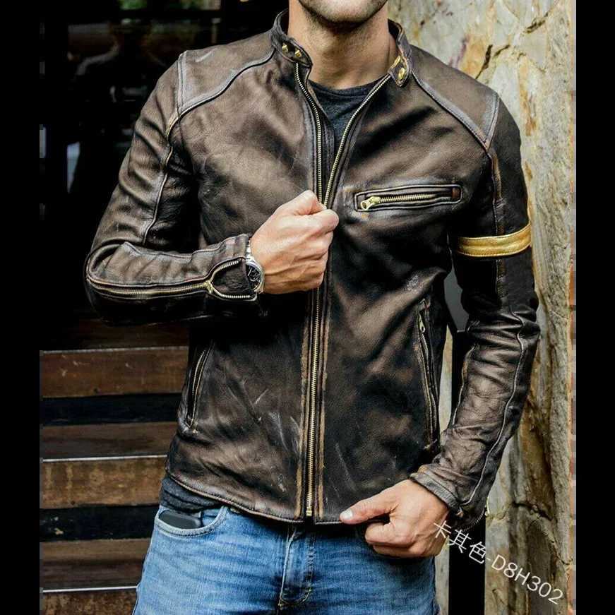 Mens Black Biker Vintage Distressed Cafe Racer Leather Jacket Motorcycle Classic Biker Jacket Motor Autumn Street Coats X250925