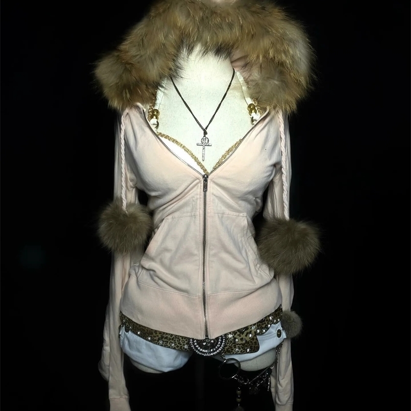 Y2K Gothic Sweet Pink Zipper Sweatshirt Womens Harajuku Sexy Plush Slim Hoodie Fur Collar Coat Autumn Winter Girl Clothing 250206