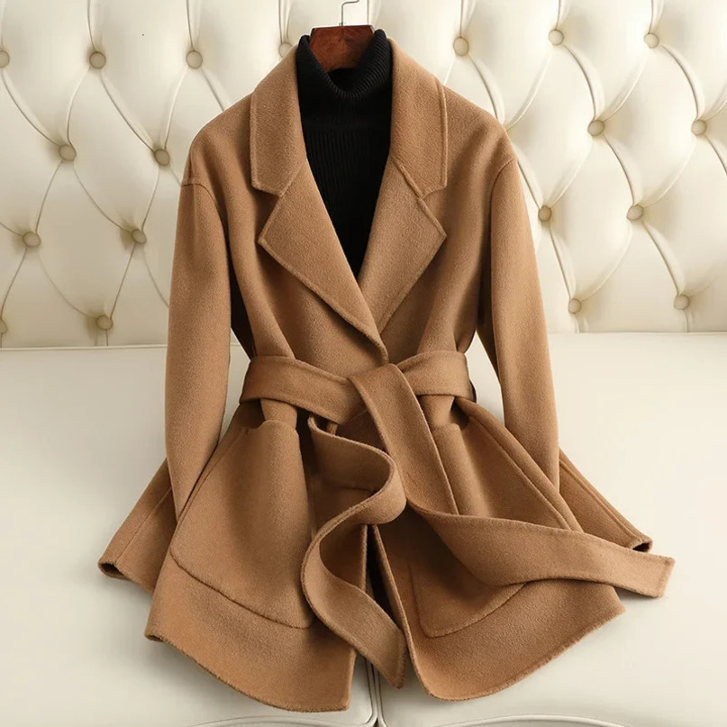 Autumn Korean Double Sided Black Short 100% Wool Coat Womens Loose Lacing Belt Red Woolen Overcoat 241217
