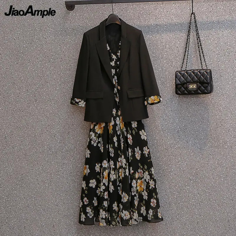 Summer Autumn Suit Dress Matching Set Womens Casual Blazers Jacket Floral Midi Skirt Twopiece Korean Elegant Suits 240704