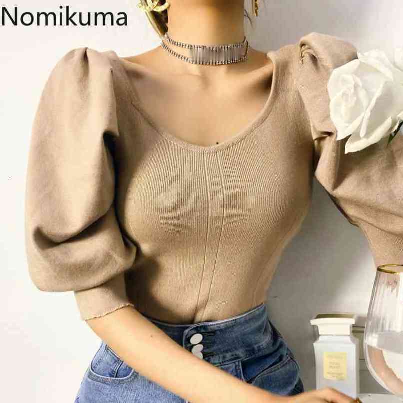 Nomikuma Sexy Short Stretch Slim Knitted Tops Korean Square Collar Puff Sleeve Knitwear Spring Summer New Sweaters 6F906 210427