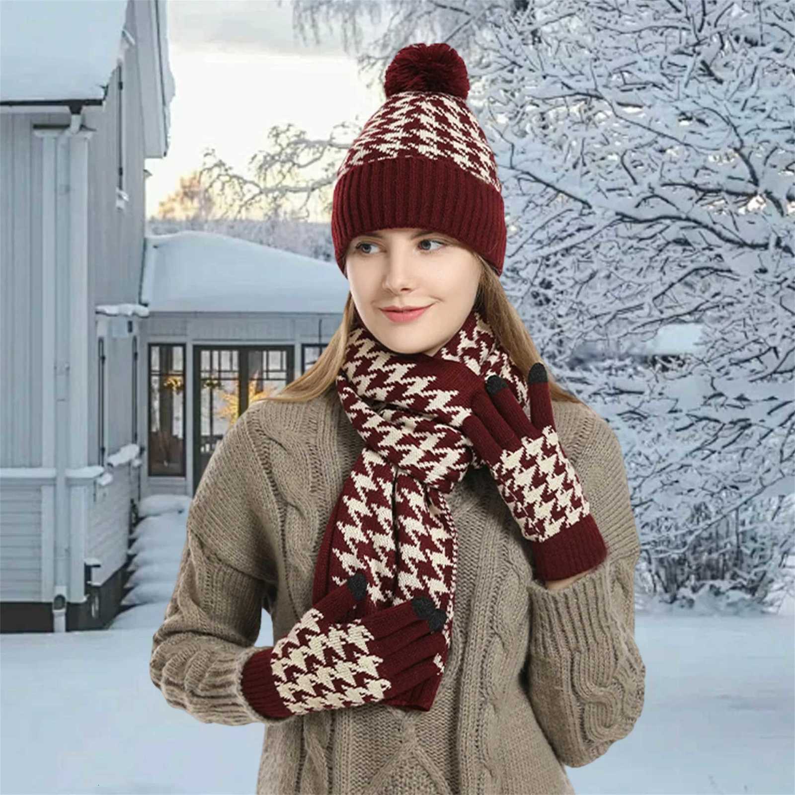 Wen Winter Cable Gaanie Gorro con bufanda y guantes a juego Conjunto acogedor acanalado espeso tibio de punto de punto caliente invierno x250925