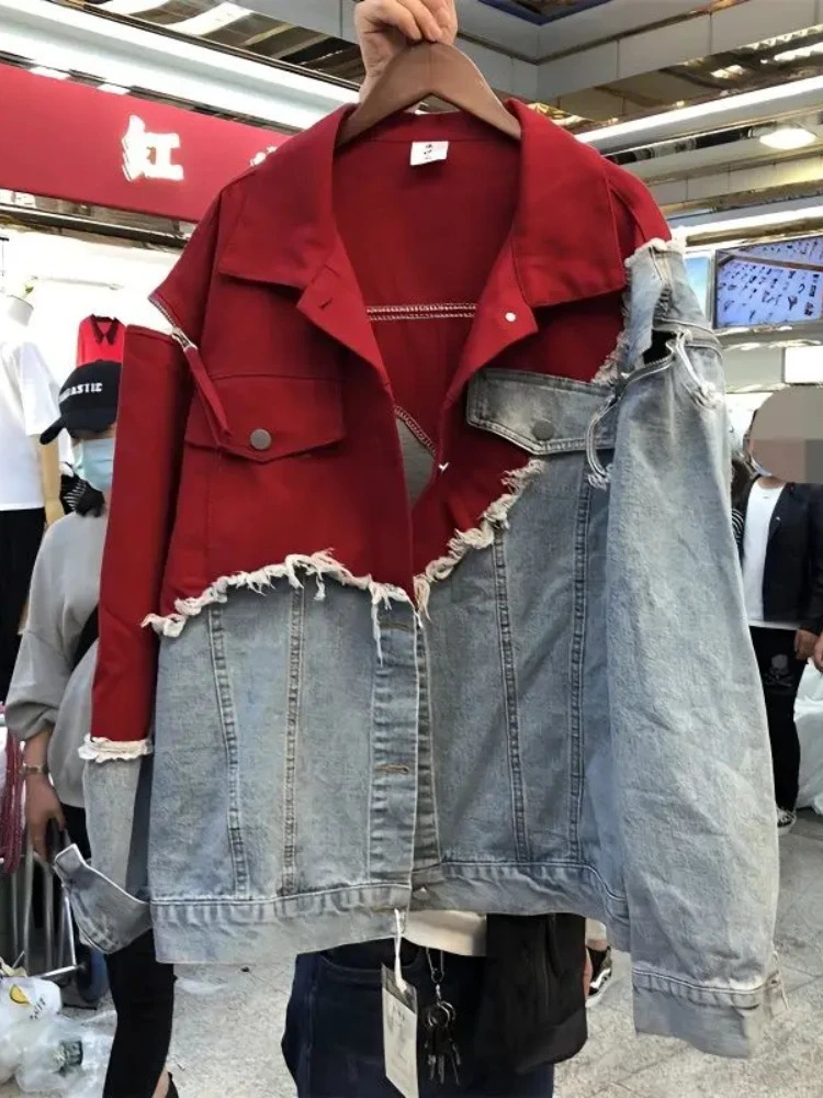 Hikigawa Chic Fashion Two Piece Coats Casual Patchwork Long Sleeve Denim Jackets Turn Down Collar Roupas Femininas 250905