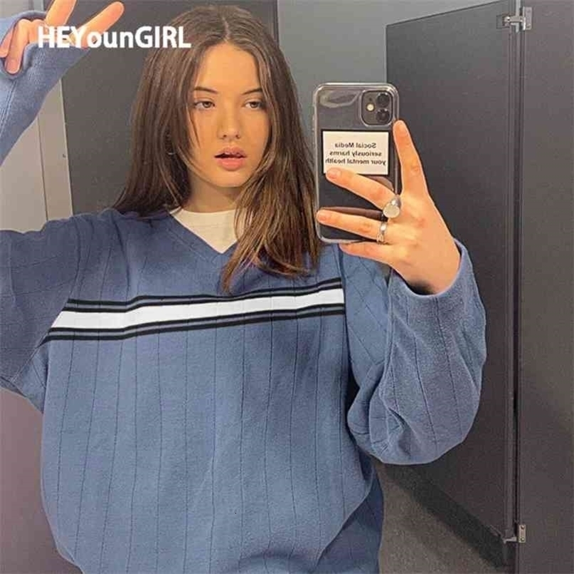 HEYounGIRL Striped V Neck Oversized Sweater Women Casual Loose Knitted Jumper Ladies Preppy Style Vintage Korean Knitwear Autumn 210917