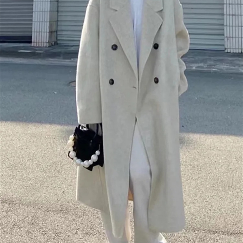 Women's Wool Blends Cotvotee Wool Coat for Women Fashion Elegant Women Coat Office Lady Turn Down Collar Double Breasted Loose Long Coat Women