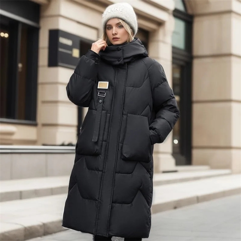 Winter Parka Woman Long Jacket Hooded Detachable Thicken Loose Zipper Pockets Warm Snow Wear 2024 Padded Coat 240927Z