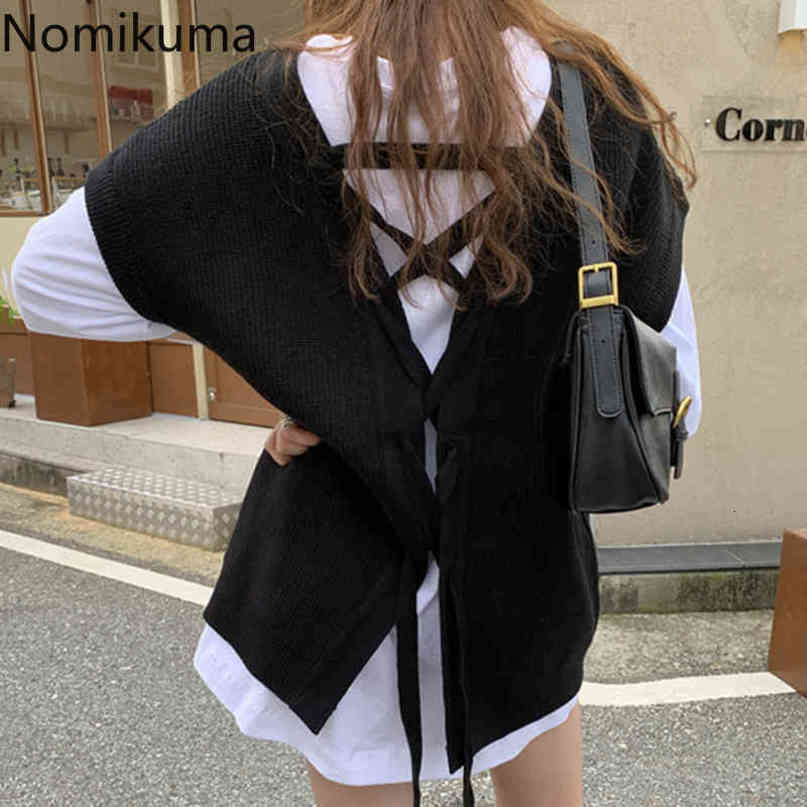 Nomikuma Korean V-neck Women Sweater Vest Back Cross Bandage Hollow-out Knitted Sleeveless Vests Autumn New Knitwear 6C281 210427
