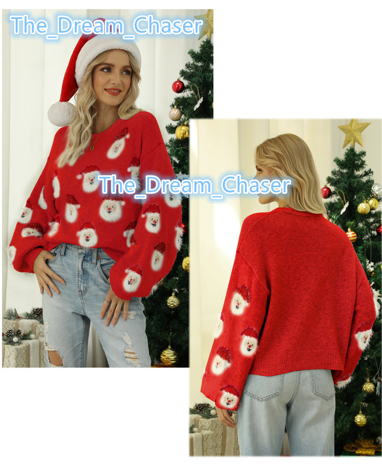 2025 New Christmas Print Vintage Knit Crew Neck Sweater European and American Womens Pullover Christmas Bestseller Sweater