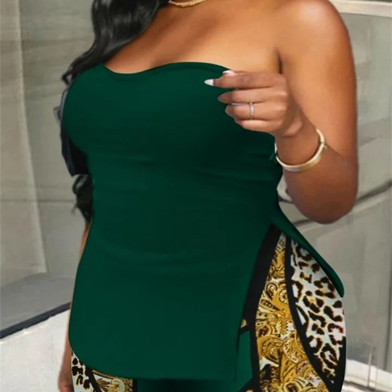 LW sexy Plus Size Off The Shoulder Split Shorts Set Women Strapless Tops Print Bottoms Matching Outfits Summer Causal Sets 241203Z