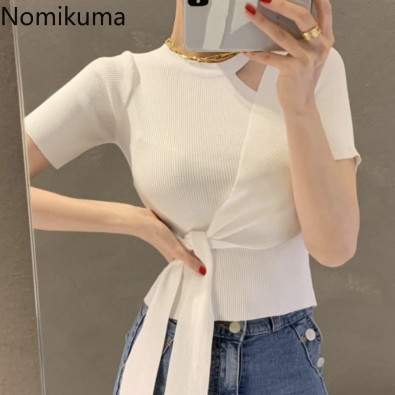Nomikuma Irregular O-neck Hollow-out Knitted Slim T Shirts Korean Bow Lace Up Women Tops Spring Short Sleeve Graphic Tee 6G238 210427