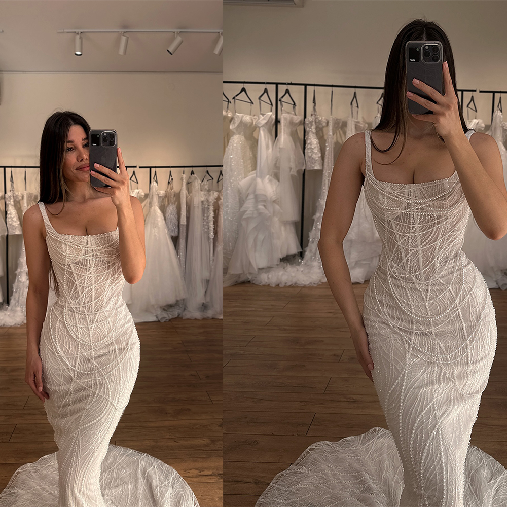 Modern Pearls Wedding Dresses Beading Spaghetti Straps Bridal Gowns Sleeveless Illusion Mermaid Customized Vestidos De Novia Plus Size