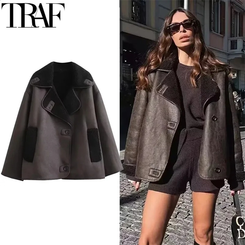 TRAF Fleeced Faux Leather Jacket Women Outerwears Vintage Cold Faux Wool Blends Coats For Woman Autumn Winter Plush Jacket 241220Z