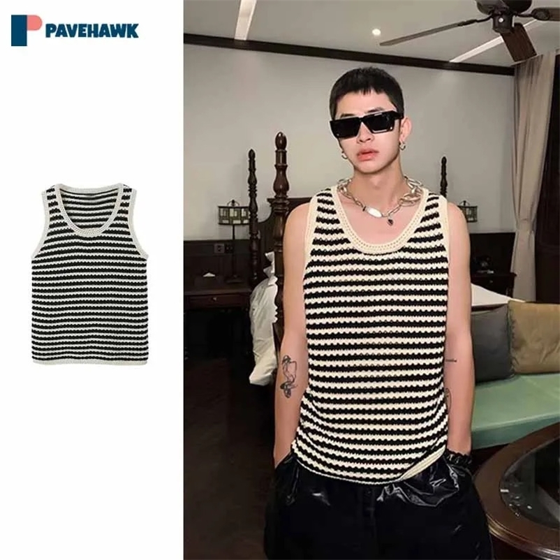 Casual Striped Sleeveless Vest Men Summer Lazy Loose Hollow Out Knitted Vests Korea Harajuku Versatile O-Neck Knit Tops 240530