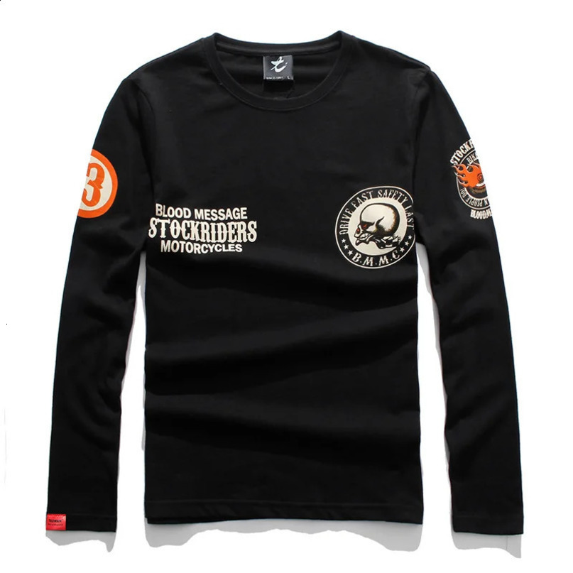 Mens motorcycle long sleeved Tshirt loose hiphop punk rock top cotton casual autumn black 240815