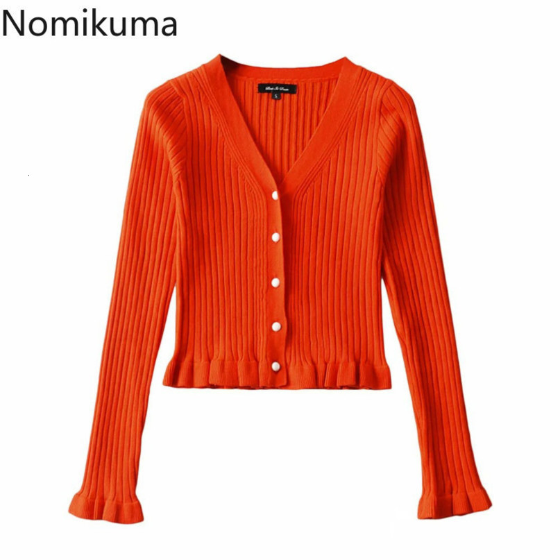 Nomikuma Spring New Knitted Cardigan Ruffle Short Slim Sweater Single Breasted V-neck Knitwear Flare Long Sleeve Coat 6D824 210427
