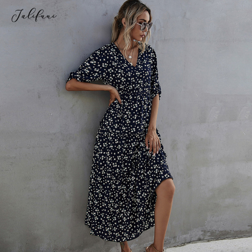 Long Dress Side Split Casual Ladies Floral Print A Line Dresses For Women Summer Spring Clothes New Arrival Fall Fashion 210415