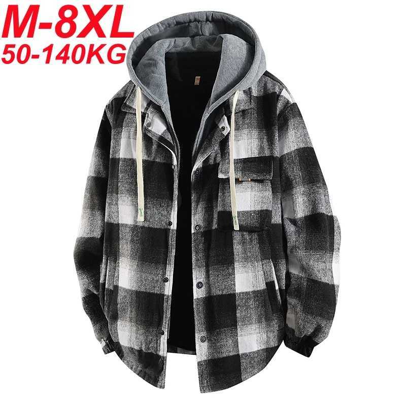 Plus Size 8xl 7xl Mens Shirt Jacket Fake 2pcs High Quality Cotton Plaid Loose Hooded Coats Shirts Jackets Mens Clothing X250925