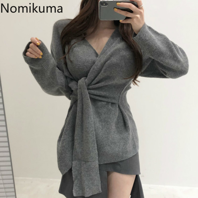 Nomikuma V-neck Bandage Slim Waist Pullover Knitwear Korean Chic Women Sweater Autumn New Solid Elegant Pull Femme 6C253 210427