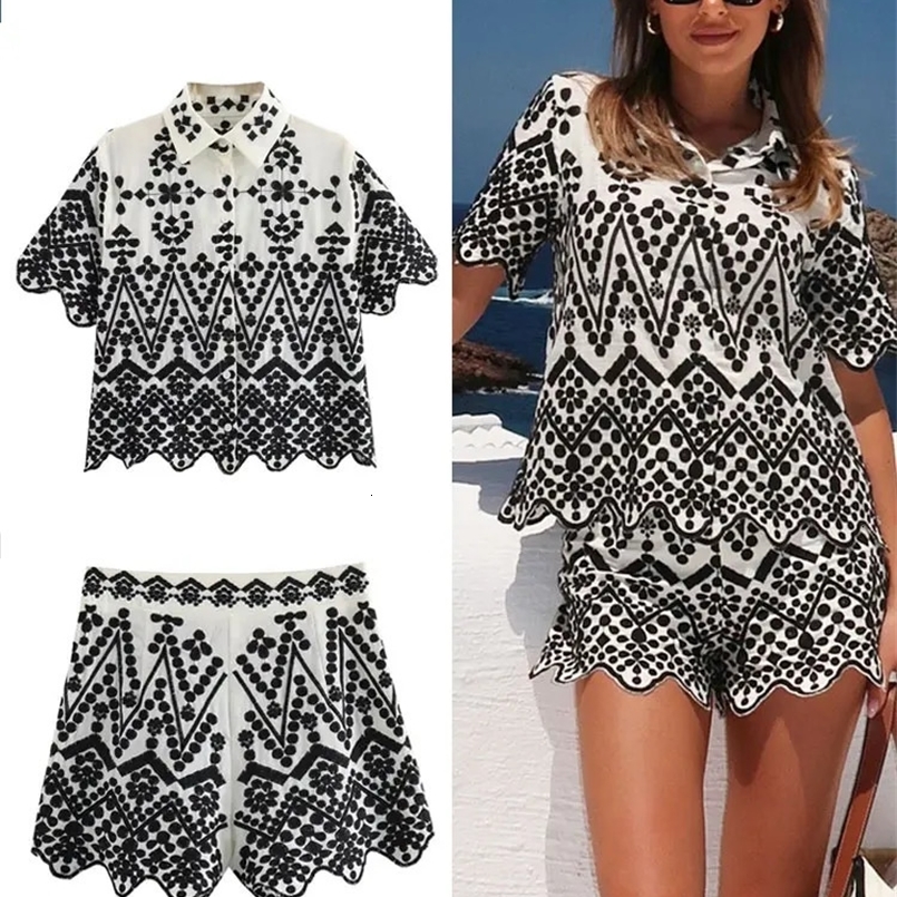 TRAFZA Women Embroidery Blouse Shorts Sets Lapel Short Sleeve Shirts Casual Side Zipper Short Pant Streetwear Y2k Outfit 250326