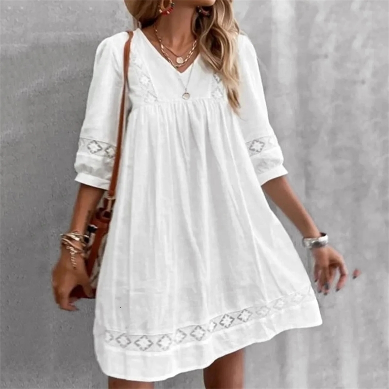 Boho Sundress For Women Casual Summer Lace Dress V Neck Short Sleeve Dress Beach Dress Swing Dress Fashion Slim Lace Midi Dress 240518