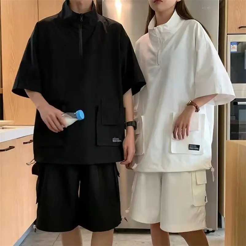 Harajuku Couples Summer Loose Cargo Sets Solid Color Tshirts Shorts Outdoor Casual Tracksuit Zipper Turtleneck Pockets T-shirt 240429