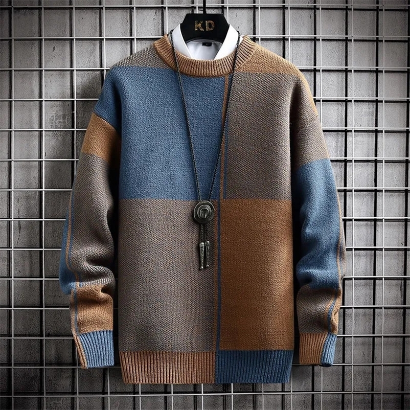 Men's Sweaters Half High Collar Color Blocking Warm Sweater/ High Quality Men Spring Autumn Slim Leisure Korean Long Sleeve Loose Knit Pullover
