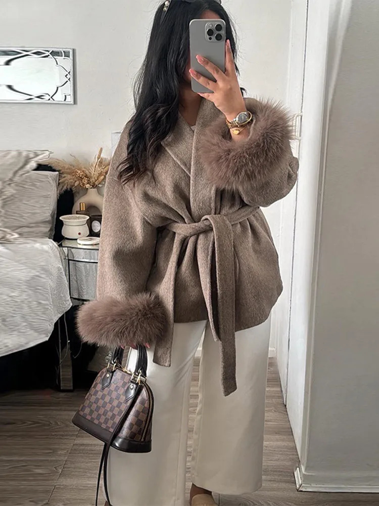 2025 Chic Lapel Plush Coat With Belt Women Vintage Solid Faux Fur Sleeve Tweed Open Coats Female Autumn Casual Street Outwear 250905