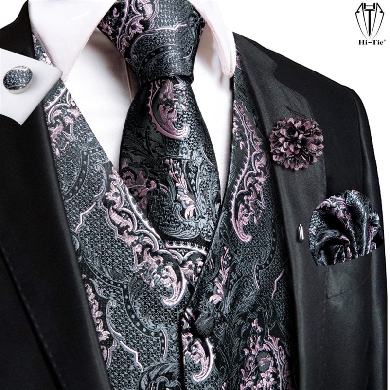 Men's Vests Hi-Tie High Quality Silk Mens Vests Pink Gray Floral Waistcoat Tie Hanky Cufflinks Brooch Set for Men Suit Wedding Office Gift 2308