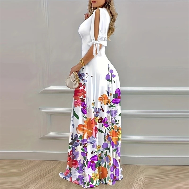 Women Sexy V Neck Bohemian Long Dress Spring Floral Print Office Lady Party Dress Summer Tie-up Short Sleeve Hollow Maxi Dresses 240318