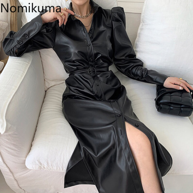 Nomikuma PU Leather Women Dress Korean Elegant Single Breasted Dresses Puff Long Sleeve Turn-down Collar Vestidos Femme 6D834 210427