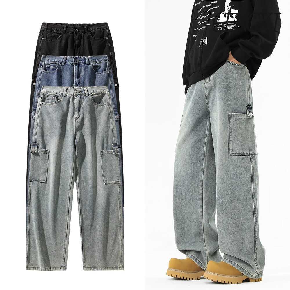 New mens button embellished multipocket denim work trousers Loose wide leg straight casual trousers Y2K high street jeans W250925