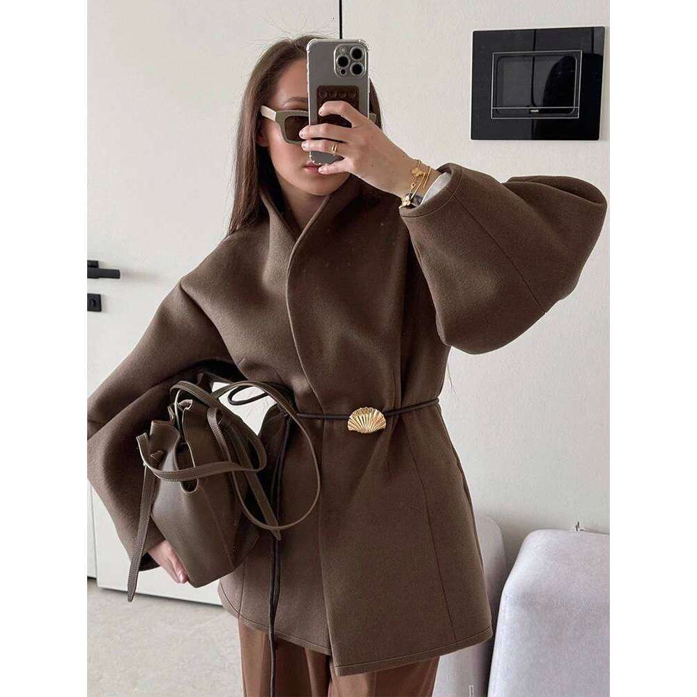 Designer Clothing 2025 Women's Brown Stand Collar Lace Up Jackets Autumn Winter Fashion Slim Fit Long Sleeves Outerwear Daily Commute Lady Stre