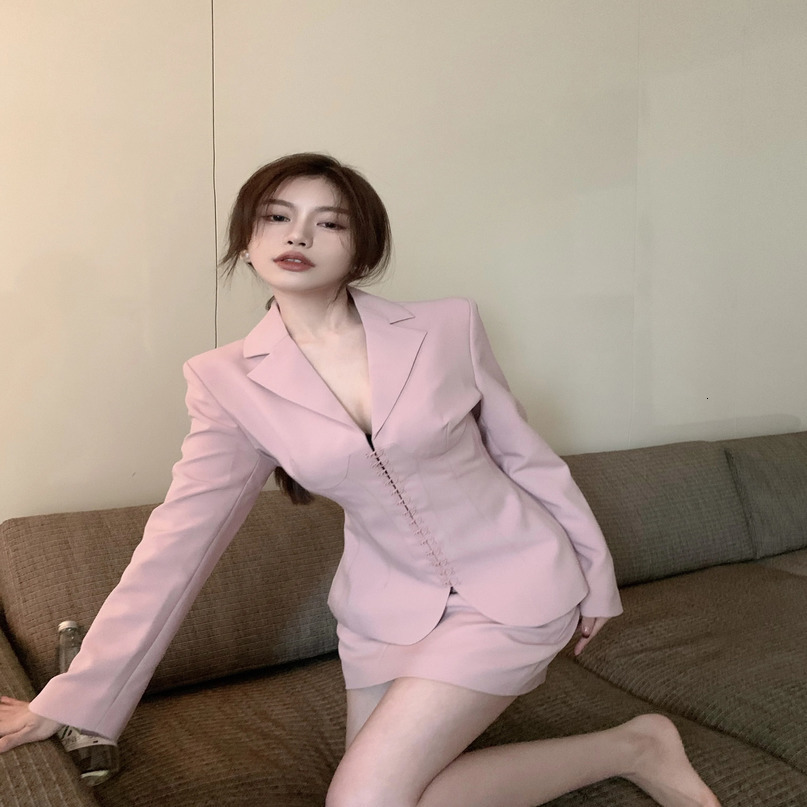 Pink Highend Sense Goddess Womens Suit Jacket Spring and Autumn Slimfit Office Lady Slimming Blazer Skirt Twopiece Set 240704