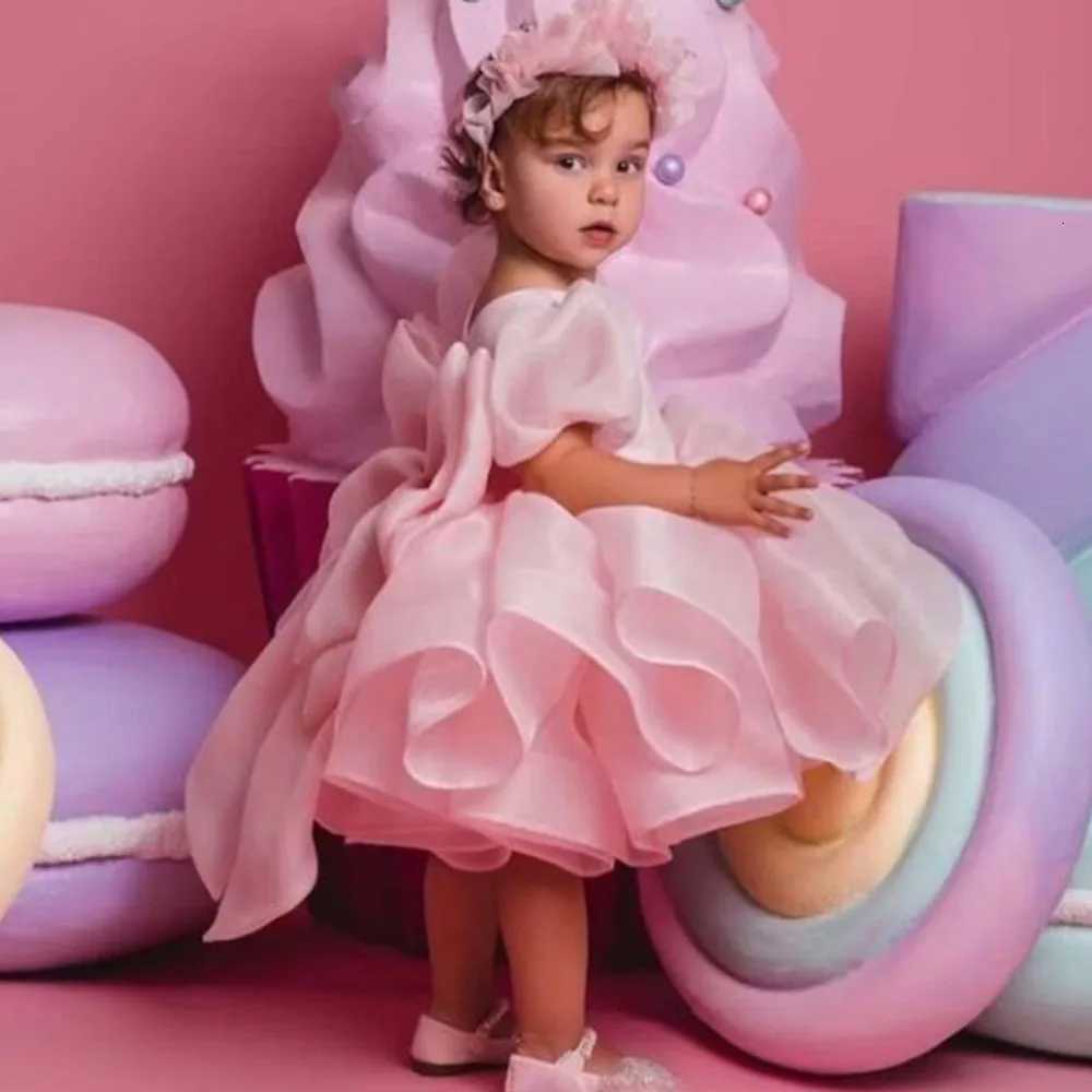 Puffy Flower Girl Dress For Wedding Light Pink Short Sleeves With Bow Princess Birthday Par First Communion Ball Gowns W250925
