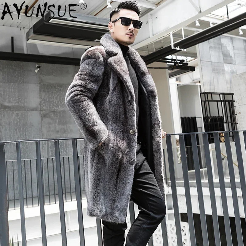 AYUNSUE premium natural mink fur coat winter mens fur leather jacket collar single breasted long fur coat 241125