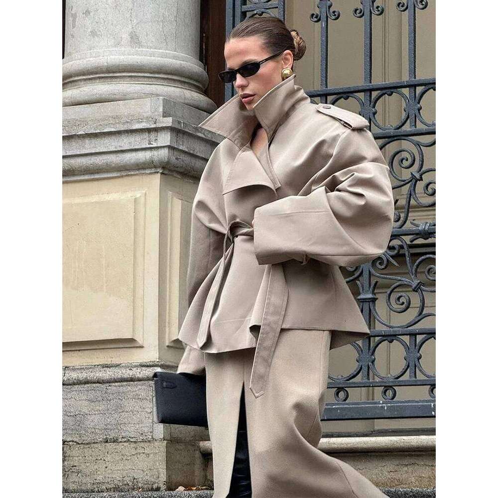 Designer Clothing 2025 Women's Wide Shoulder Windbreaker Coat 2025 Autumn Lace-Up Lapel Long Sleeve Jackets Fashion Daily Commute Office Lady O