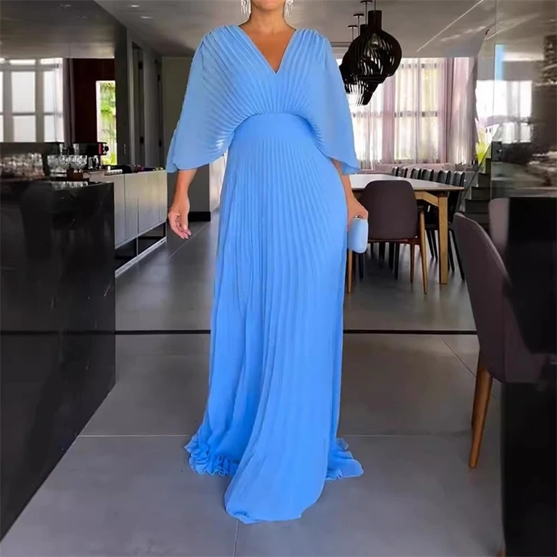 Women Elegant Deep V-Neck Party Dress Office Casual 3/4 Sleeve Solid Color Maxi Dress Fashion High Waist Pleated Evening Dresses 240318