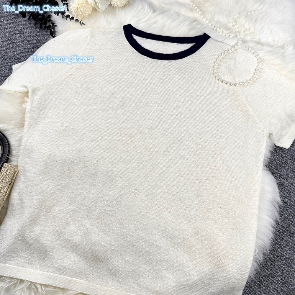 Womens HighEnd Summer New SlimFit Knitted Sweater Casual Solid Lace with Small Flying Sleeve ColorMatching Neck Fashionable