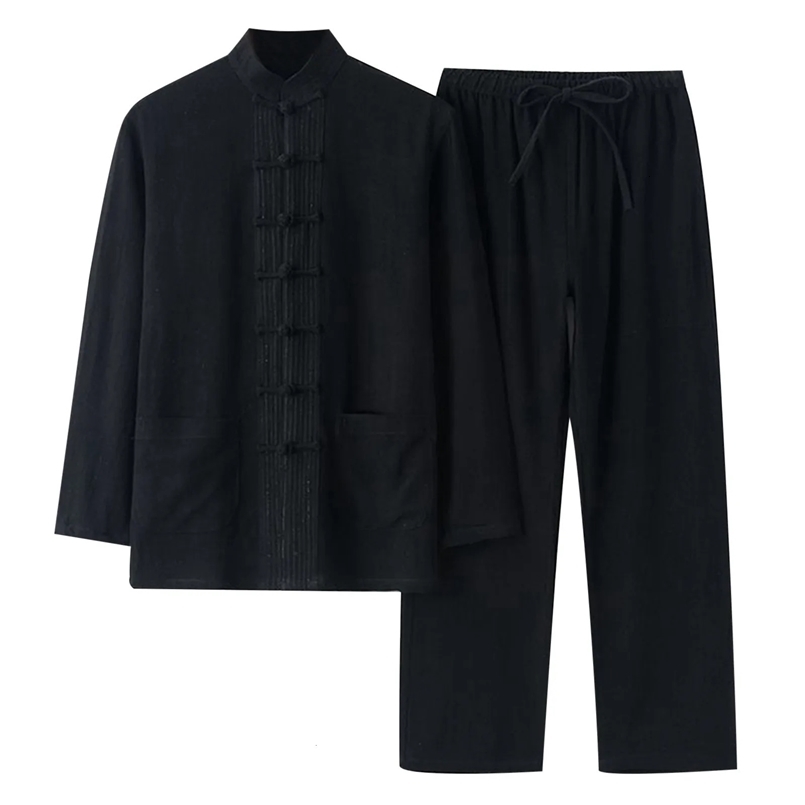 Zhongshan Suit Mens 2 Piece Set Cotton And Linen Hanfu Shirt Chinese Tang Costume Kung Fu Uniforms Long Sleeved Pants Set 250522